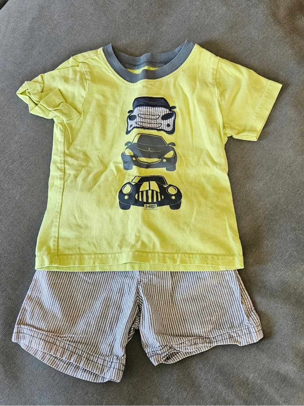 Carter's Yellow Tee with Navy Car Graphics and Neutral Striped Shorts